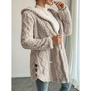 VVZ 2026 Women's Spring Fashion Jacquard Hooded Cardigan Long Sleeve Coat Womenswear Stylish Outerwear for Casual Daily Wear & School Activities Fit Knitwear