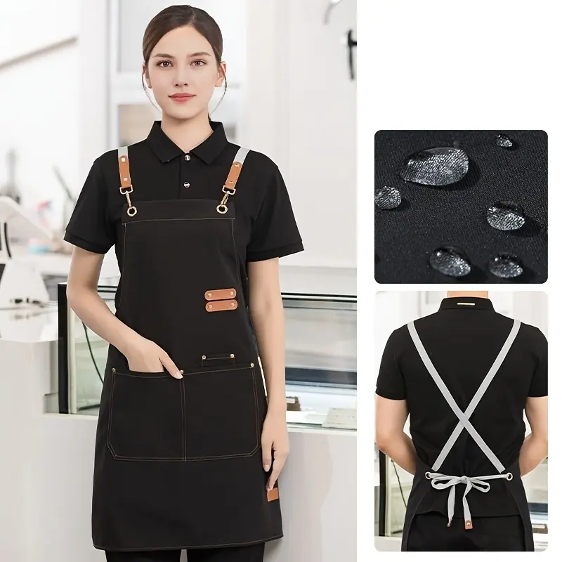 Women's Workwear Waterproof Stain-Resistant Adjustable Cotton Flower Black Kitchen Apron, Comfortable Linen, Suitable for Restaurants & Bubble Tea Shops, Ideal Gift