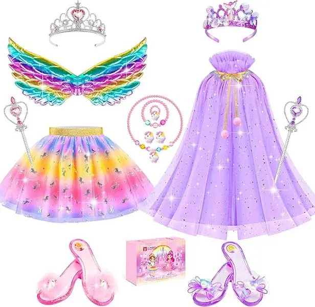 Summer Spring Gift Princess Dress Up Clothes for Little Girls, Dress Up Shoes Pretend Play Unicorn Mermaid Costumes, Tutu Skirt, Princesss Cape Crown Wand Accessories Toys Christmas Gifts for Girl Kids3 4 5 6