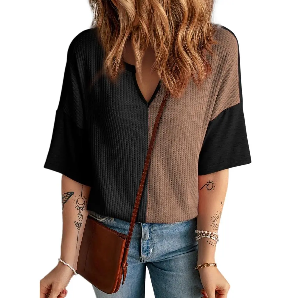 Dokotoo Womens Summer Tops Fashion 2026 Half Sleeve Waffle Knit Shirts Casual V Neck Colorblock Patchwork Blouses