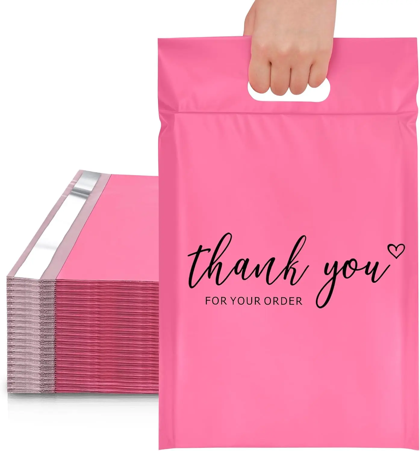 Poly Mailers with Handle 10x13 Inch 100 Pcs, Easy to Carry Packaging Bags for Small Business, Thank You Shipping Bags with Self Adhesive Strip, Tearproof and Waterproof - Pink