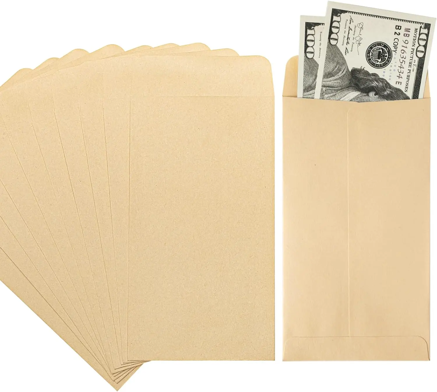 100 PACK Brown Cash Envelopes 3 1/2 x 6 1/2 for Budgeting