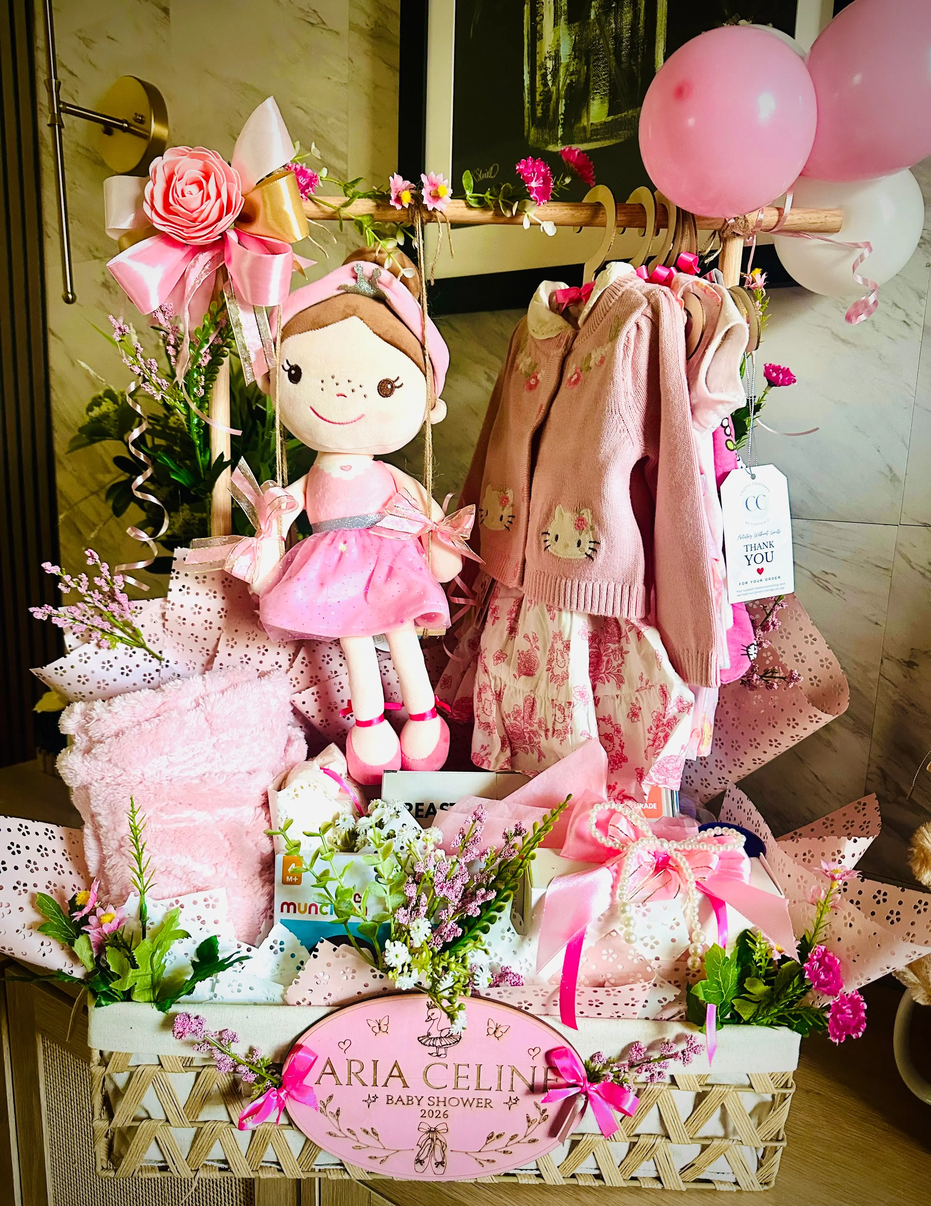 Deluxe Baby Shower Gift Basket with Clothing Rack | Engraved Name Sign & Plush Doll | Local Miami Delivery
