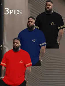 3-Pack Men's Loose-Fit Crown Print T-Shirts, Short Sleeve Long Tee Set, Casual All-Season Wear, Lightweight & Versatile Top, Menswear