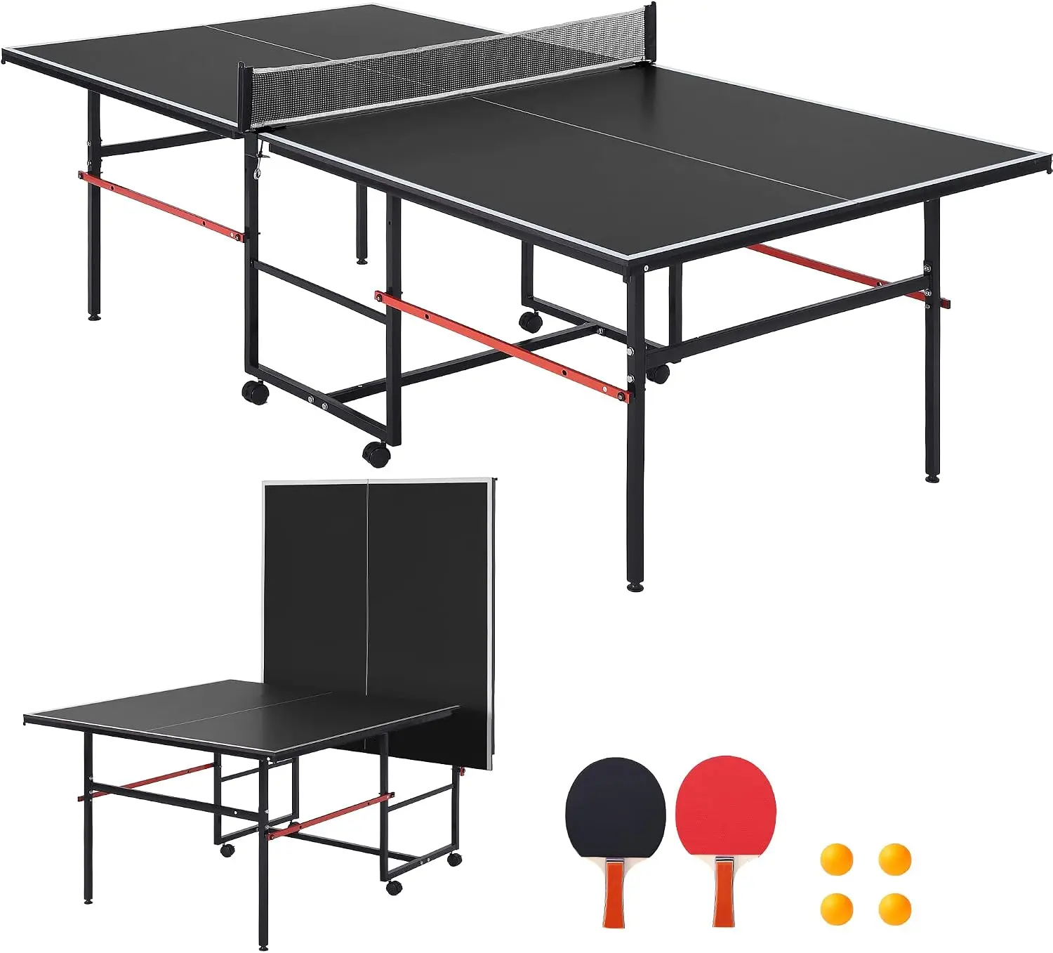 8 ft Portable Ping Pong Table，Professional Game for Adults Teens | Foldable Indoor Outdoor Table Tennis Set with Net, 2 Paddles and 3 Balls - Quick Assembly, Single Player Playback Mode