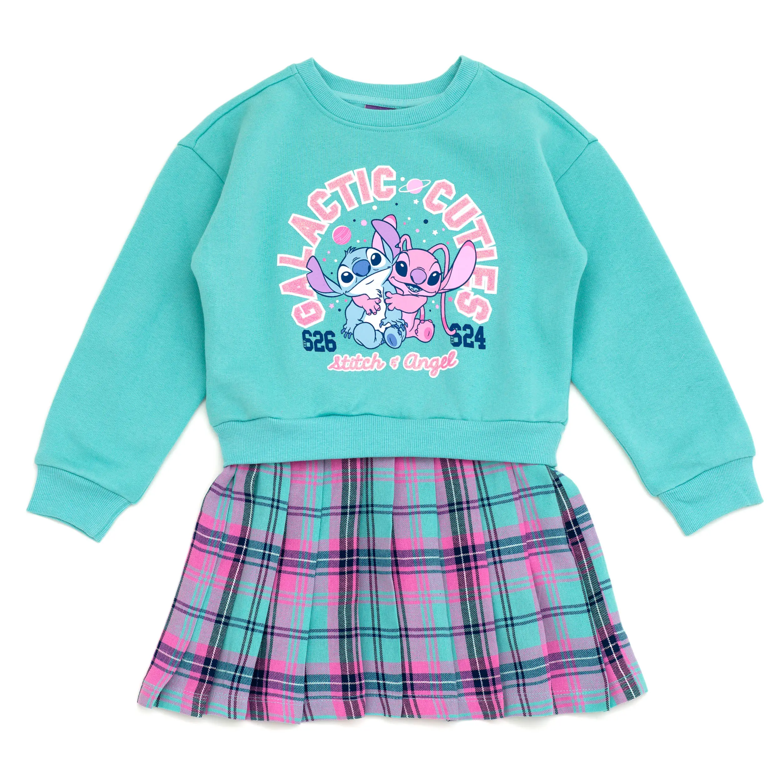 Disney Lilo & Stitch Girls' Glitter 2fer Sweatshirt Dress, Drop Shoulder Fleece Pullover with Pleated Flannel Skirt, Toddler to Big Kid