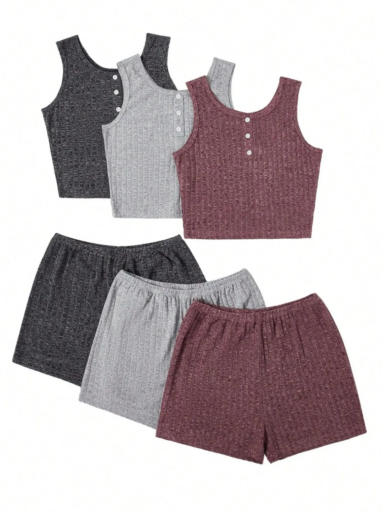 Casual Basic Ribbed Knit 2 Piece Outfit Womenswear (3 Sets) – Henley Tank Top & Elastic Waist Shorts, Clothes