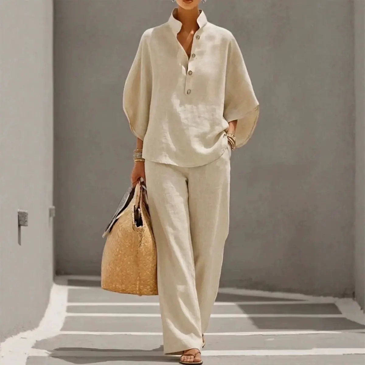 Women's 2-Piece Womenswear Set, Stand Collar Half-Button Top with Loose Batwing Sleeves, Breathable Textured Fabric Wide-Leg Pants - Ideal for Seaside Vacations, City Travel