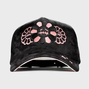 MURATRAVIS CRISTALS – INNEDIT ‘Pink Flower Suede Cap’ – Luxury Artistic Streetwear Hat with Crystal Embroidered Floral Design and Soft Velvet Finish