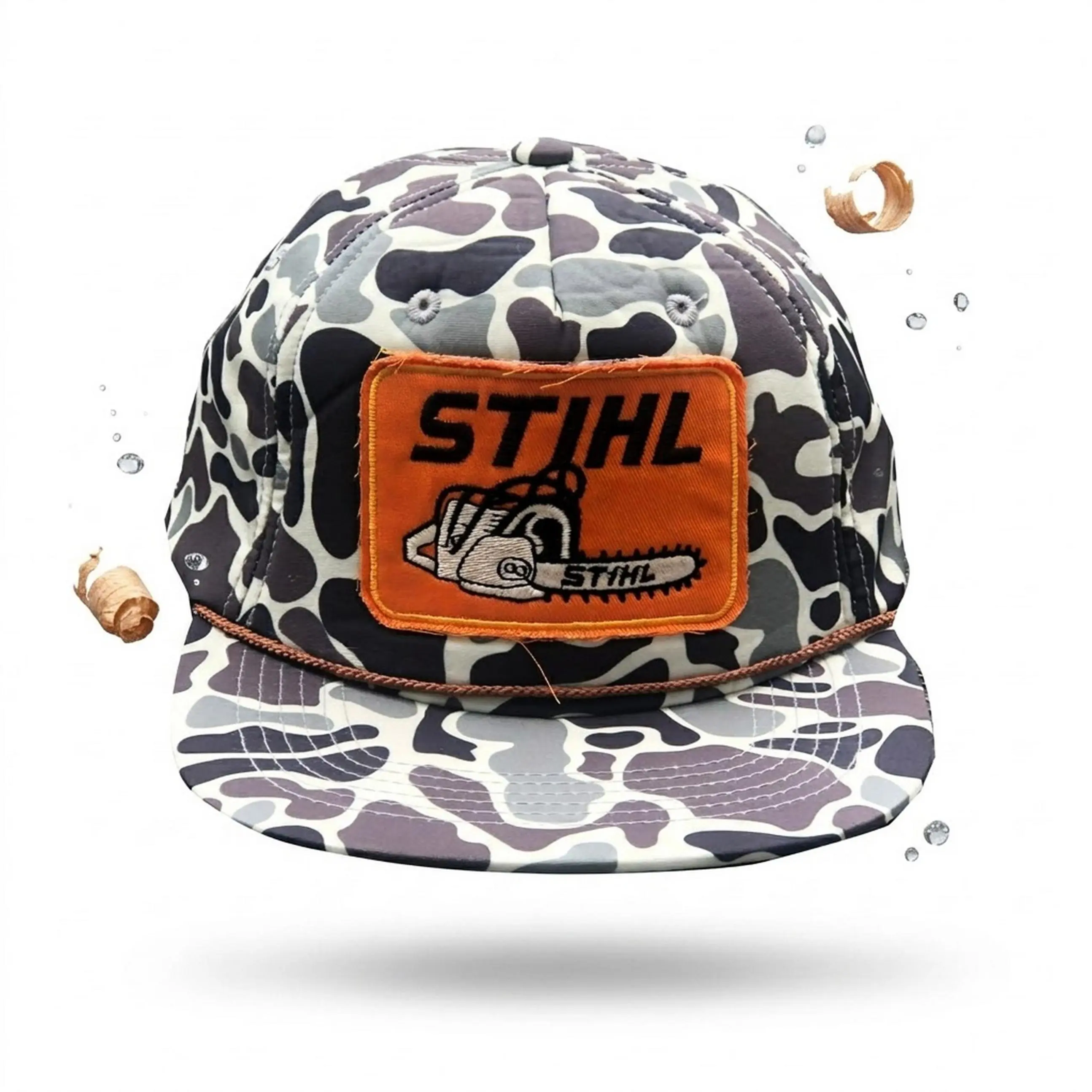STIHL Chainsaw Camo Patch Hat, Vintage Embroidered Duck Camo Snapback Cap for Men, Retro Logger Rope Trucker Hat, Adjustable Flat Brim Outdoor Workwear Baseball Cap, Blue Collar Gift