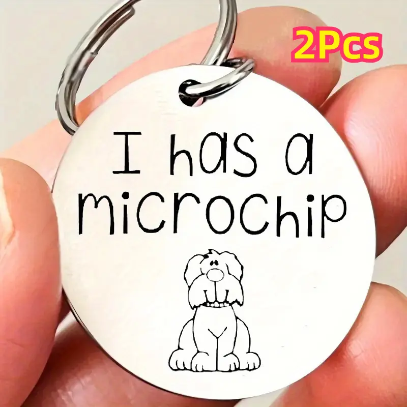 2-Pack Pet Safety Alert Keychains, Stainless Steel Mini Visible Tags with Engraved 'I Have a Microchip' Message, Bright Finish, Personalized Message Keychains, 2Pcs, Customized, Engraving, Small, Nameplate Engraving Keychains