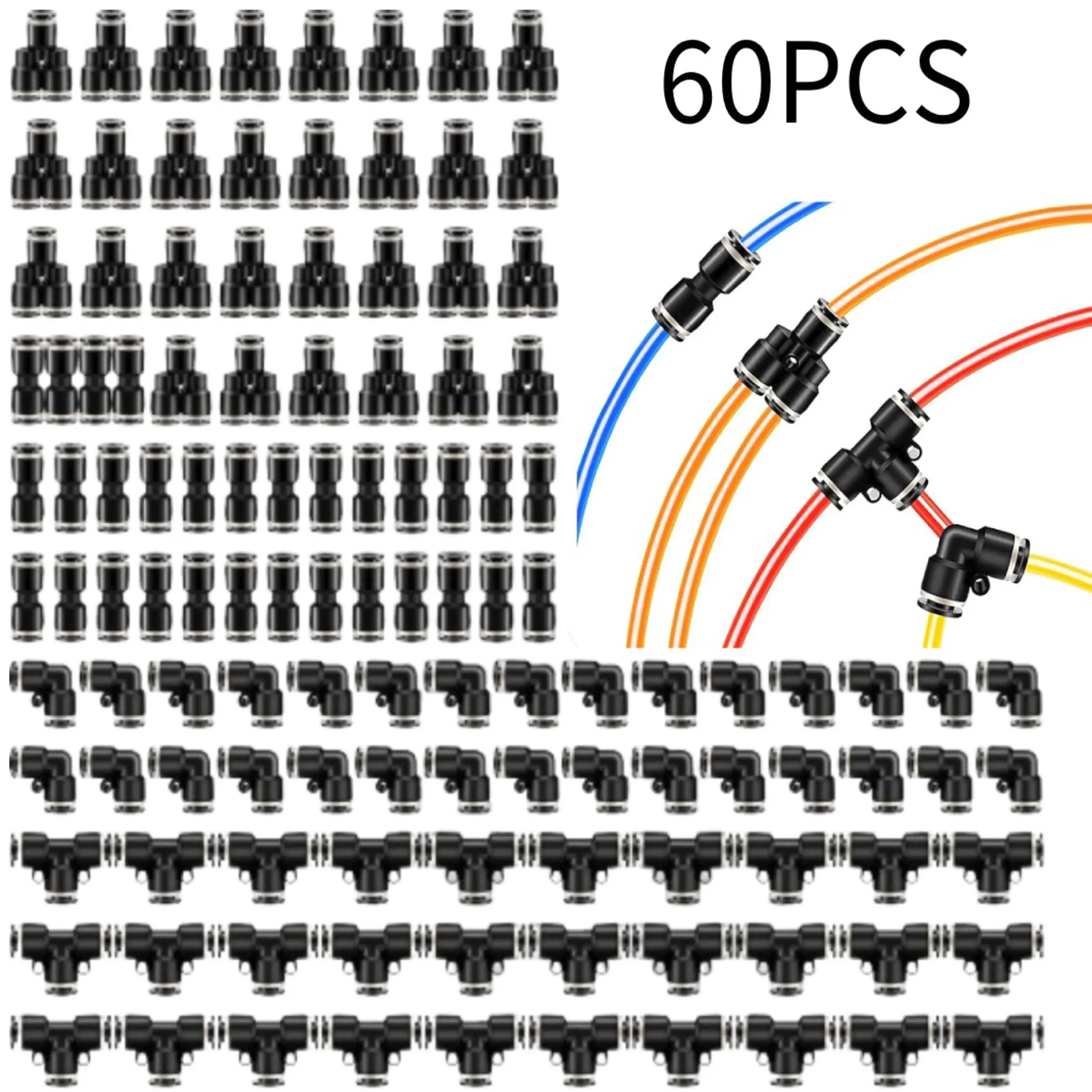 Pack of 60 Push to Connect Fittings Air Line Pneumatic Fittings Kit,Quick Release Pneumatic Connectors Air Line Splitters Elbows Tee Straight Tubes(Black,1/4 Inch Od)