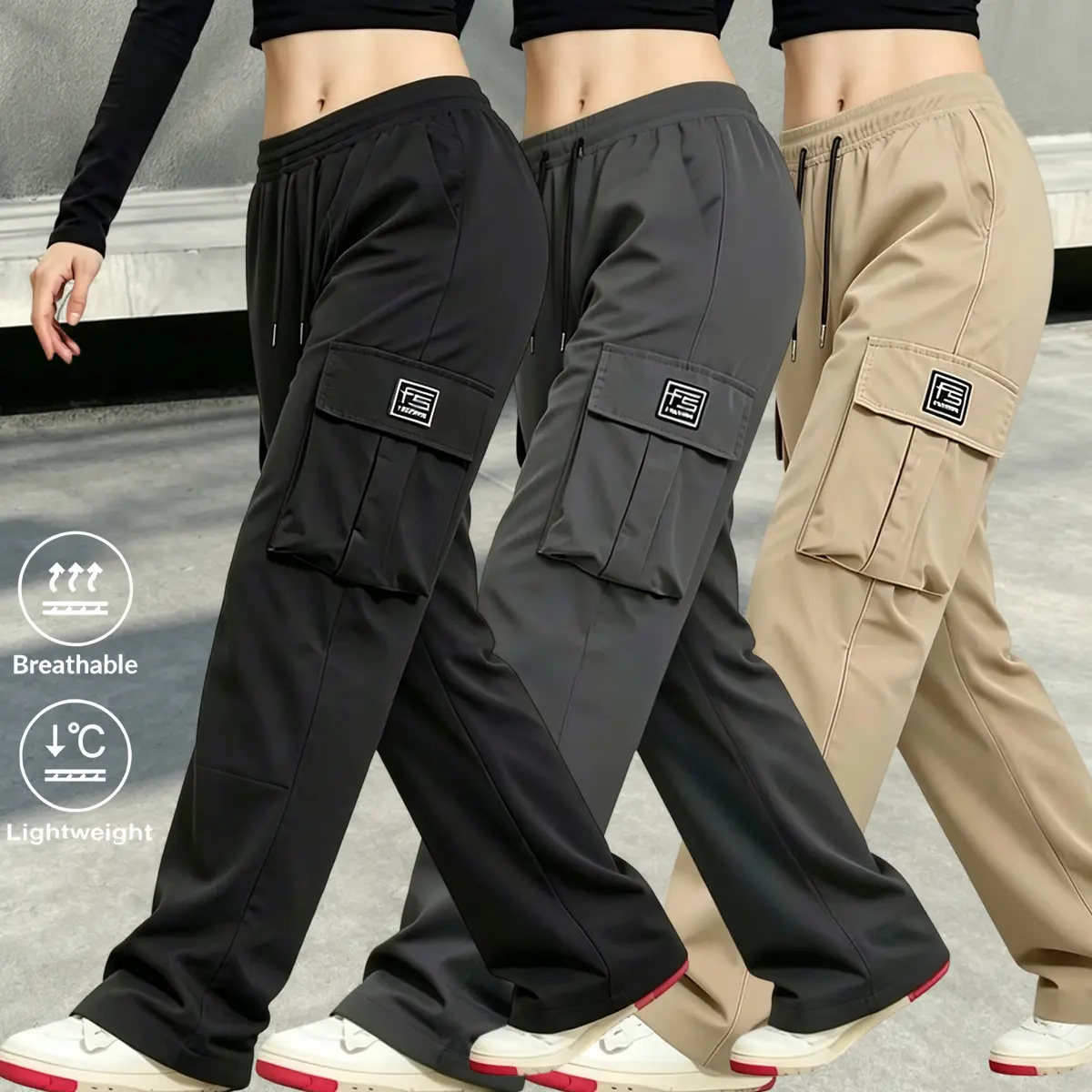 Pack of 3 women’s casual outdoor cargo pants featuring a solid color design; elastic waistband with drawstring adjustment. Casual outdoor long pants suitable for slow jogging outdoors, leisure activities, and everyday wear—women’s casual long pants bottom