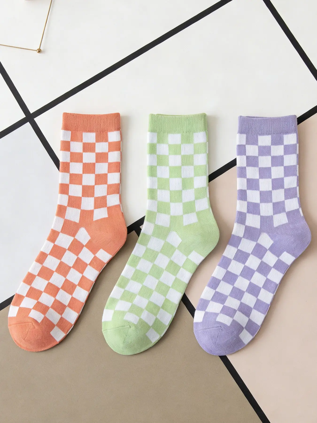 3 Pairs Chessboard Pattern Casual Versatile Trendy Knee High Socks, Comfortable and Stylish, Perfect for Daily Wear