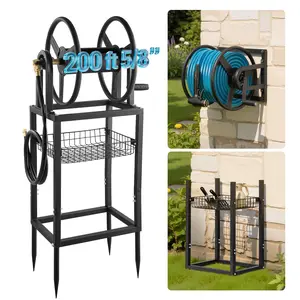 VEVOR Freestanding Garden Hose Reel, Holds 200 Feet of 5/8-inch Hose, Wall Mount or Ground Mount, Detachable Holder Stand with Storage Rack, 5 ft Leader Hose, Brass Fitting, 4 Spikes, for Backyards