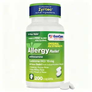 GenCare Cetirizine HCL 10 mg Antihistamine Caplets (200 Count) - 24 Hour Non-Drowsy OTC Allergy Relief - For Sneezing, Runny Nose, Itchy Eyes - Generic Zyrtec Alternative