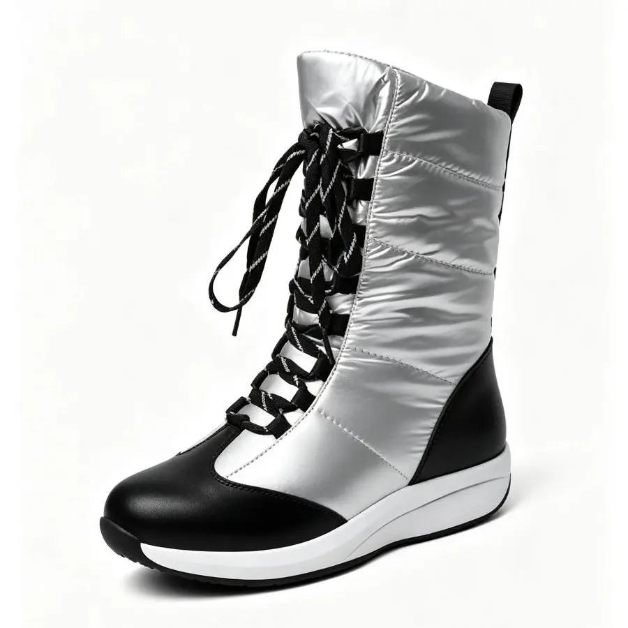 AMINUGAL Silver & Black Lace-Up Boot with White Sole and Comfortable Design for Everyday Wear, Plain, Comfortable Sole