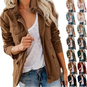 Women's military jacket with zipper and snap button, lightweight and practical outdoor hunting jacket with pockets, long sleeved cotton topRAIMENTRY