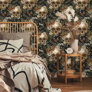 VEELIKE Dark Gothic Skulls Ferns Peel and Stick Wallpaper Self-Adhesive Halloween Floral Art Decor Mural Removable Wallpaper for Bedroom Bathroom Living Room Walls Cabinets 17.7''x118''