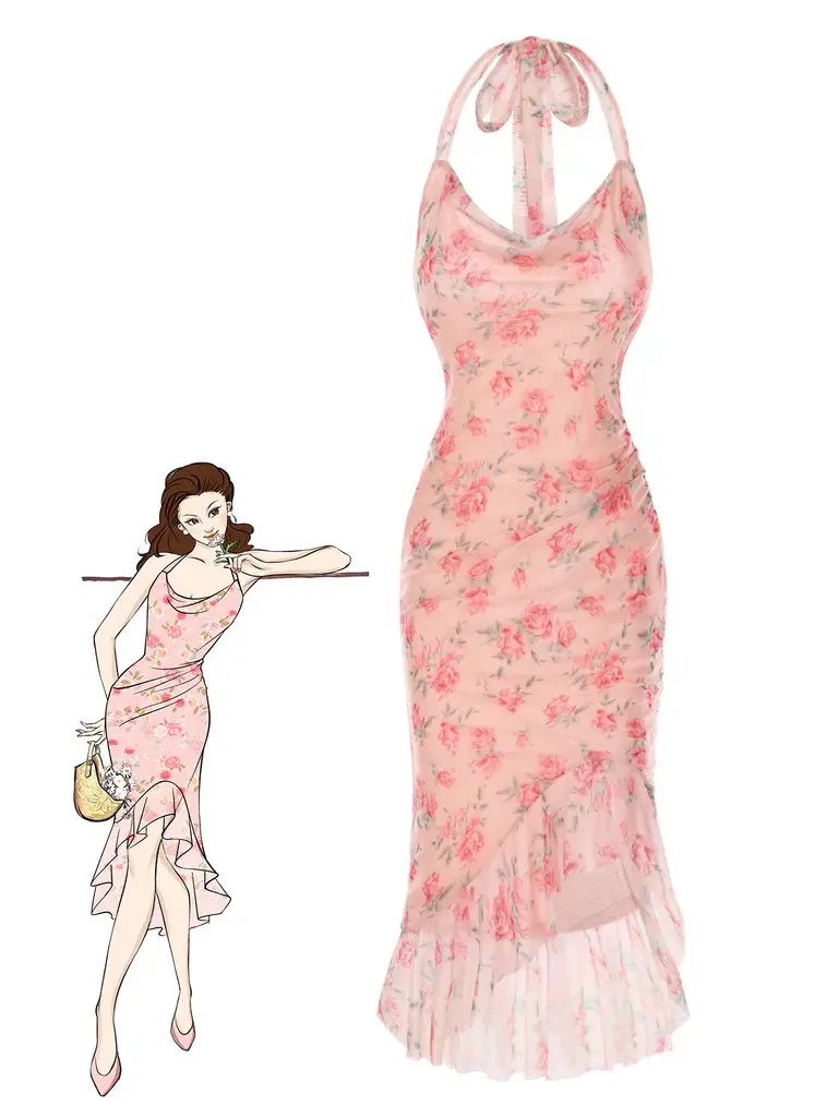 RETRO STAGE Women's 1930s Rose Print Sleeveless High-Stretch Polyester Mesh Mermaid Dress - Below-Knee, Ruffled High-Low Hem, Concealed Back Zip, Elastane, Casual Wear, Cold Wash, Dry In Shade