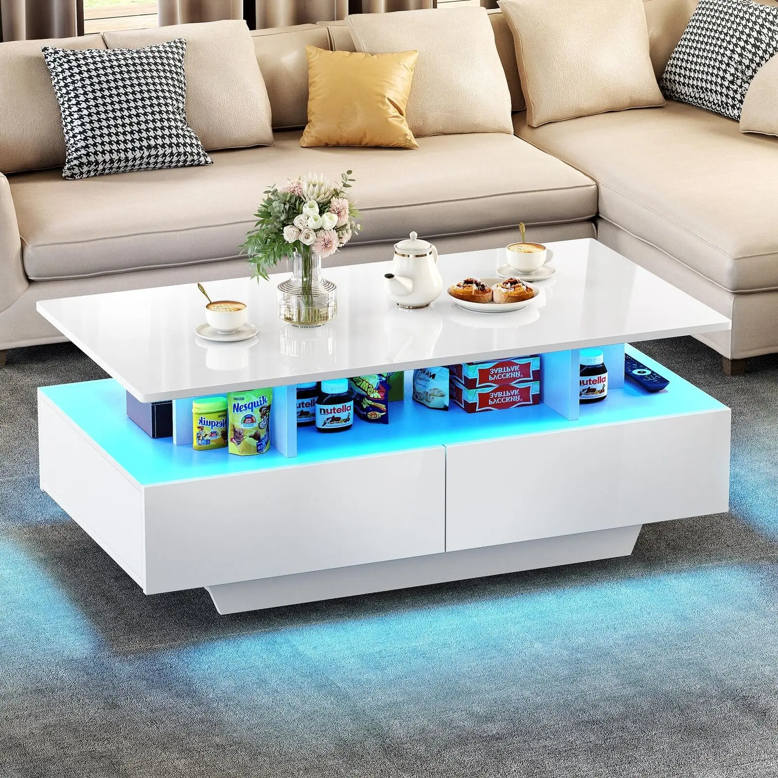 Yitahome LED Coffee Table with Storage, High Glossy LED Coffee Tables for Living Room, Small Center Table with Open Display Shelf&Sliding Drawers