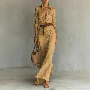Women’s Camel – Colored Wrap Shirt Dress with Belt, Long-Sleeve Maxi Dress for Casual and Semi-Formal Occasions