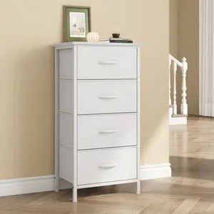 4 Drawer Dresser for Bedroom with Fabric Storage, Tall Narrow Chest of Drawers with Reinforced Steel Frame and End Stop Design, Vertical Storage Tower with Adjustable Feet and Easy-Pull Handles for Bedroom Living Room Hallway