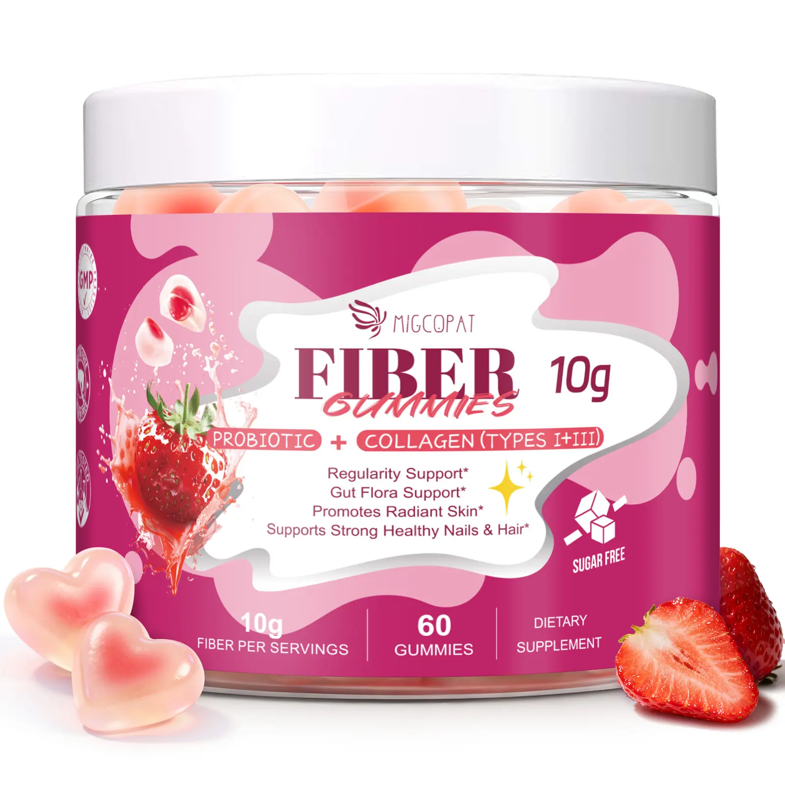 Migcopat 10G Fiber Gummies with Collagen Peptides, Hyaluronic Acid, Vitamin C, ACV, 30 Billion CFU Probiotics – Sugar Free Collagen Gummy for Skin, Hair & Nails – Digestive Health Support – 60 Cts,#Summervibes