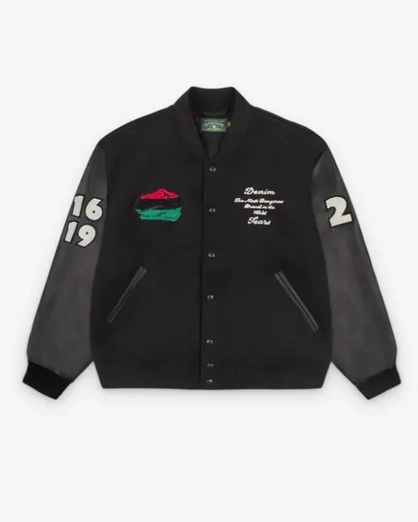 Men's Casual Wool Varsity Bomber Jacket with Soft Leather Sleeves, Ribbed Details and a Peace Wreath Emblem, Coats, Bomber-Style, Button Front, Wool & Leather, Available In Black-And-White