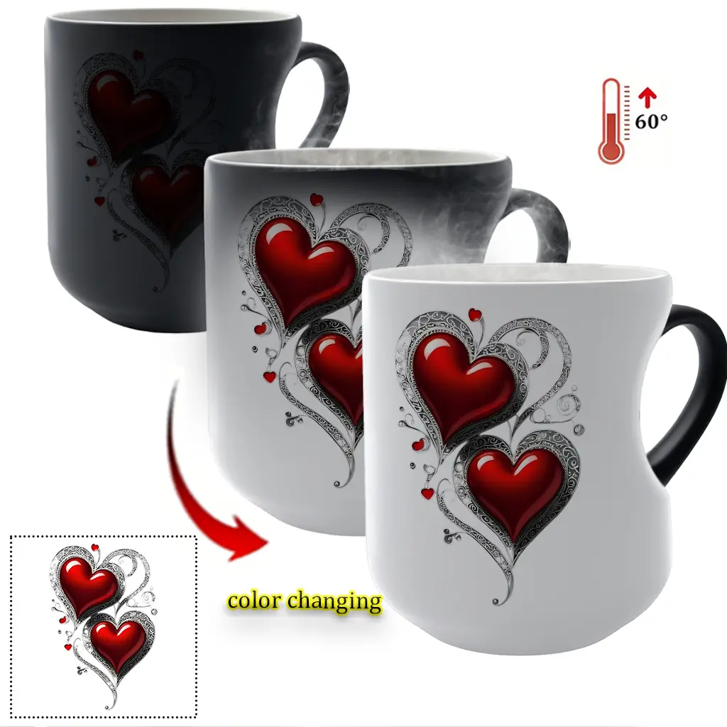 Love's Elixir: Shimmering Heart Ceramic Coffee Mug - Perfect for Special Moments, Magic Color-Changing Heart-Handle Mug, 11 oz/330 ml, Christmas gift for friends, Stylish Drinkware, Ceramic Printed Drinkware, Stylish Printed Cup, Ceramic Mugs