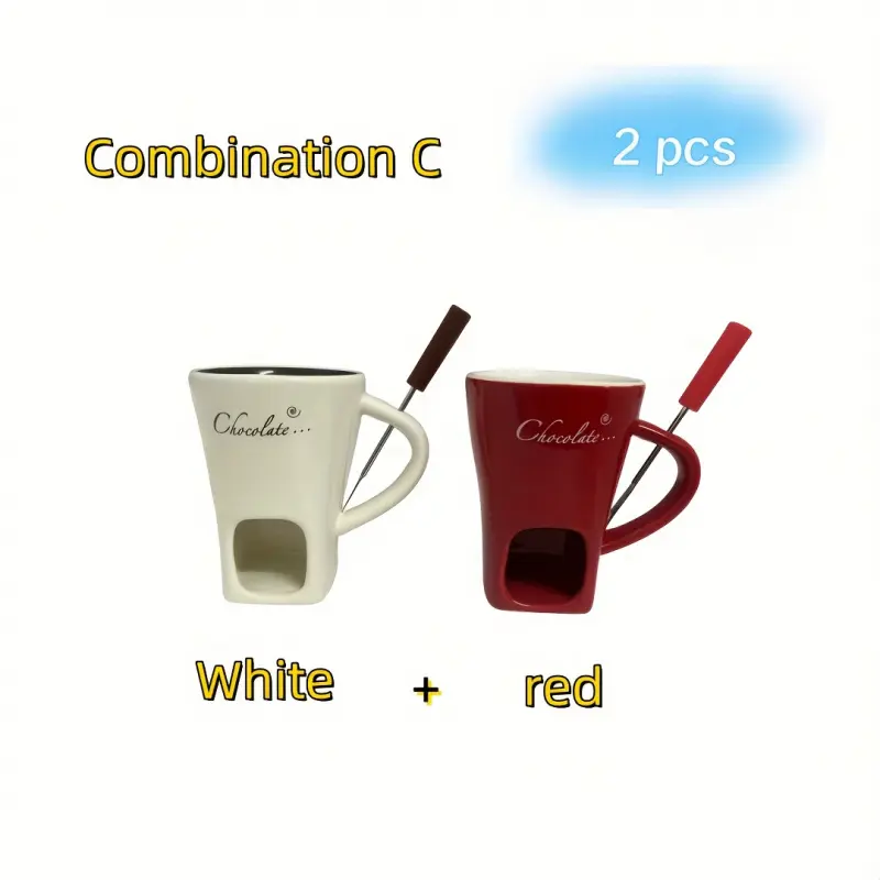 2-Pack Ceramic Melting Fondue Cups with Forks - 150ML/5OZ Novelty Mugs for Chocolate/Cheese/Ice Cream, Candle-Heatable Coffee Cups, Perfect Valentine's Day Gifts