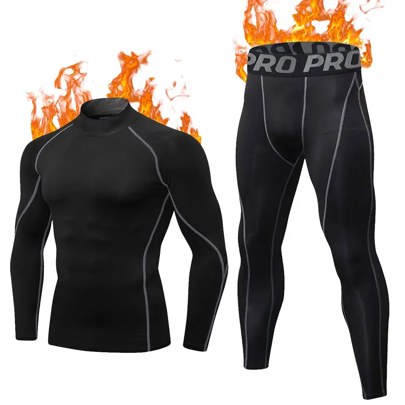 2-Piece Men's Thermal Compression Set – Long Sleeve Turtleneck & Pants, Breathable & Stretchy, Cold Weather Gear for Running, Cycling, Training, Compression Garment, Compression Sportswear, Activewear