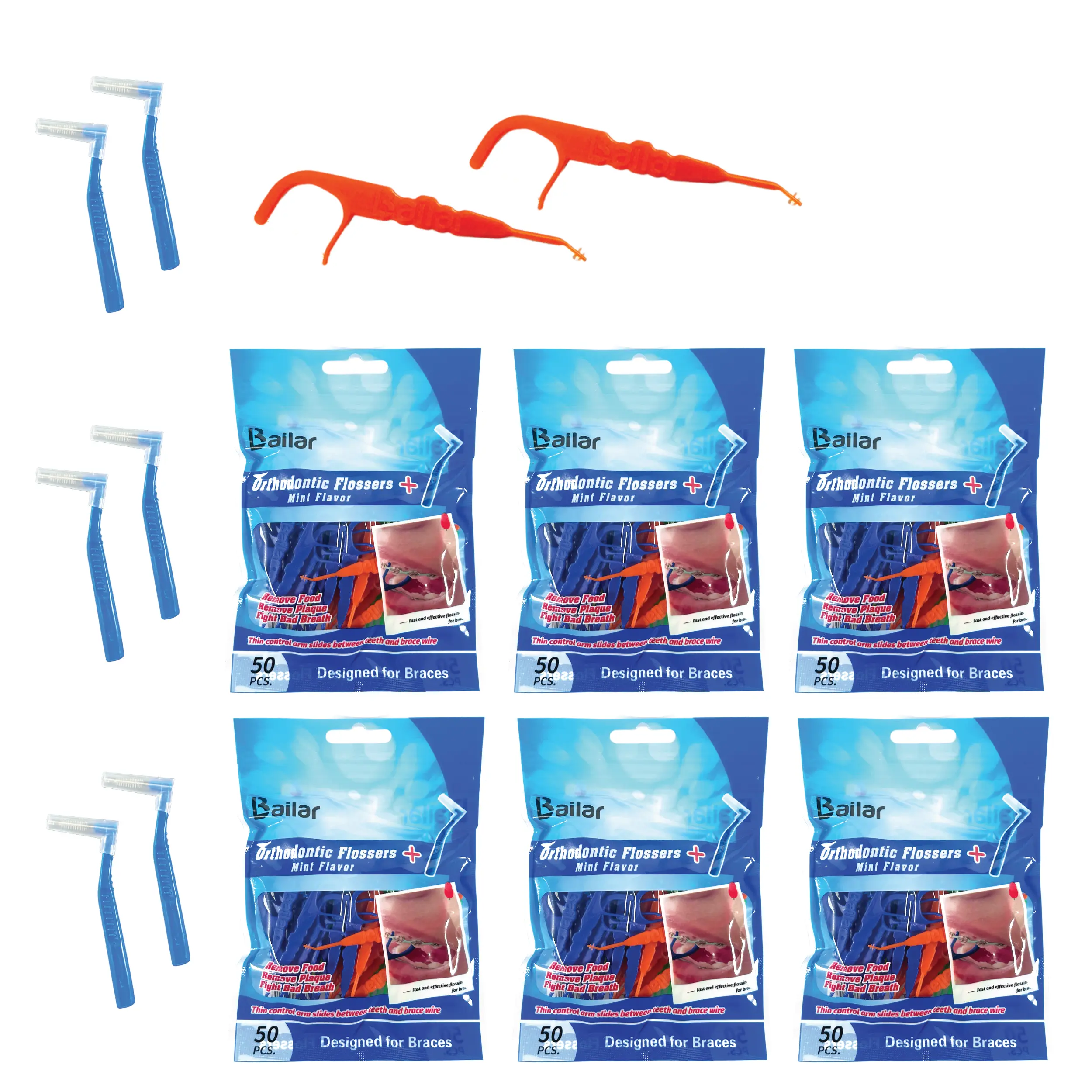 LBailar Ortho Dental Flossers for Braces, Oral Care Floss Picks (300-Count Bag, 6-Pack) with Bonus 4 Interdental Brushes, Fits Between Brace Wires and Teeth for Quick, Easy Use, Dental Floss