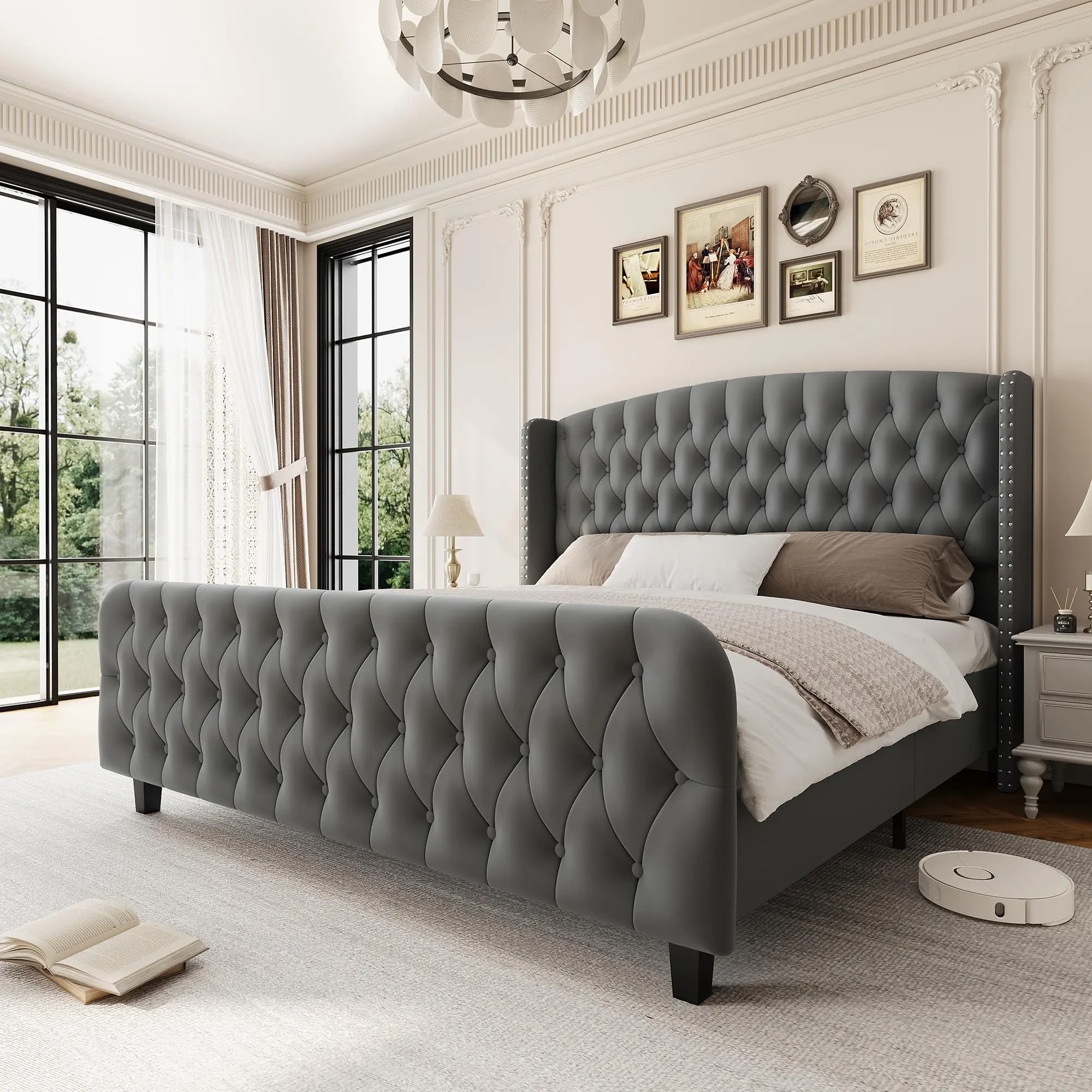 Garvee 51" Tall Queen Size Bed Frame with Deep Button Tufted Wingback Headboard and Footboard,  Velvet Upholstered Platform Bed Frame, No Box Spring Needed, Easy Assemble, Grey