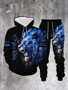 Men's Summer 3D Print Animal Hoodie Set, Sporty Long Sleeve Fitted Tops, Fashionable Two-Piece Activewear Set for Fall & Winter, Streetwear Tracksuit Set