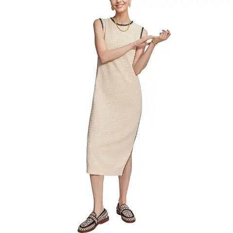 UANEO Women's Tank Knit Dress Sleeveless Round Neck Long Dress Side Split Scalloped Edge Summer Body Con Maxi Dress