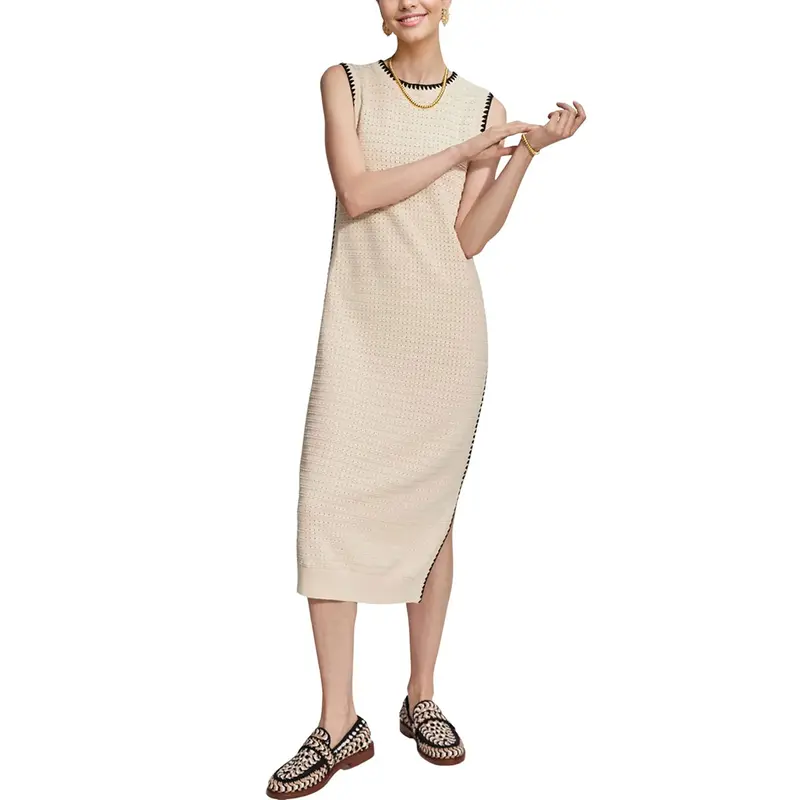 UANEO Women's Tank Knit Dress Sleeveless Round Neck Long Dress Side Split Scalloped Edge Summer Body Con Maxi Dress
