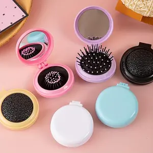 Portable Folding Air Cushion Brush with Makeup Mirror, Scalp Massage & Detangling Brush, Hair Styling Accessory for All Hair Types
