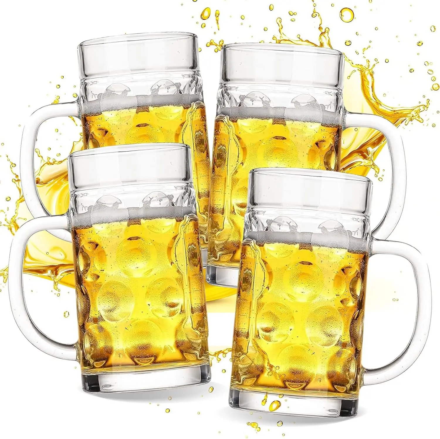20oz Large Heavy Glass Beer Mugs Set of 4 with Handle for Freezer, Lead-Free Large Beer Stein Cup for Water Drinks, Ideal for Men Home Pub Use