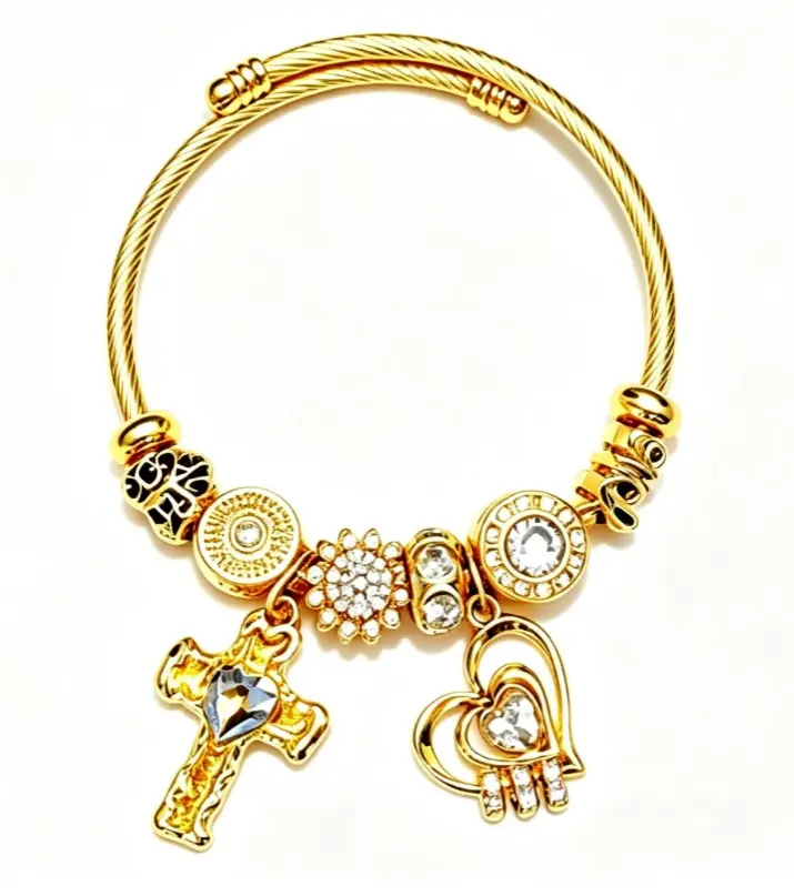 Gold Cross Heart Charm Bangle for Women, Adjustable Wire Cable Cuff Bracelet with Crystal Rhinestone Beads, Inner Diameter 2.28 Inches Dainty Religious Faith Jewelry Gift