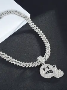 Hip Hop Sparkling Cool and Angry Emoji Pendant, Iced Out Blingbling Zinc Alloy Cuban Chain Necklace, Unisex Street Jewelry for Parties & Festivals