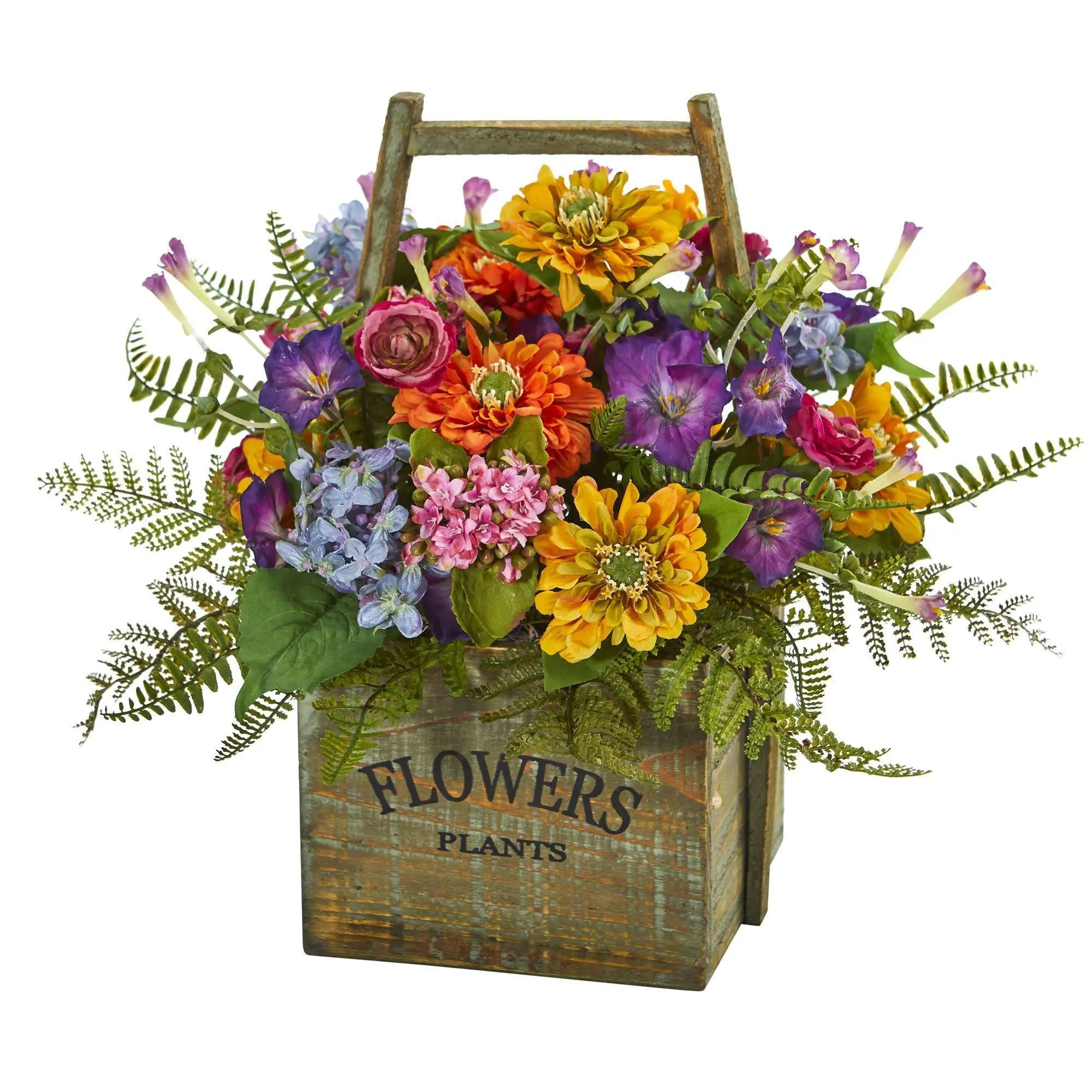 Colorful Bloom Decorative Mixed Floral Artificial Flower Arrangement in Square Flower Wood Basket - Lightweight Piece Home Decor Centerpiece, Kitchen Window Decor