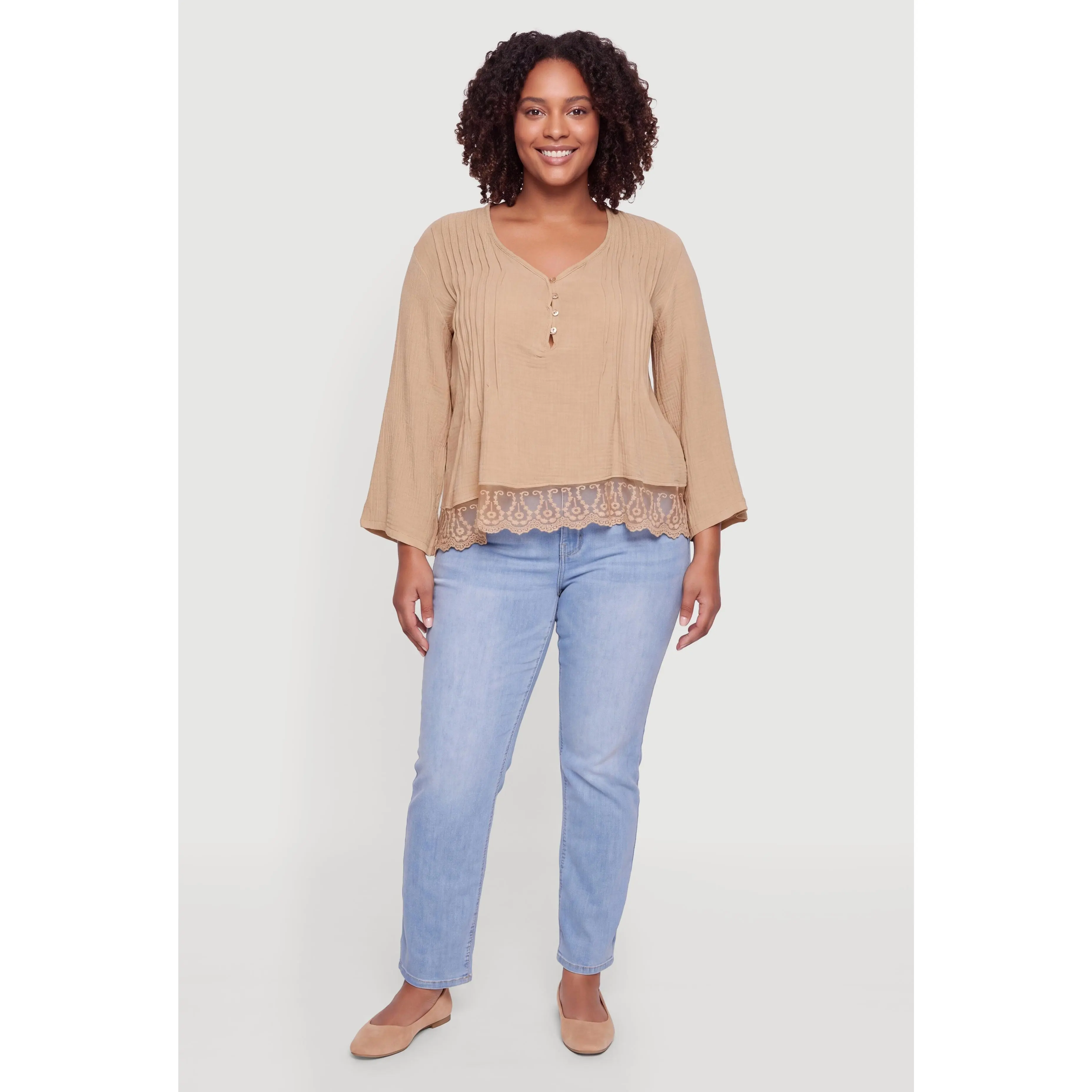 Plus Size Crochet Trim Long Sleeve Pleated Blouse