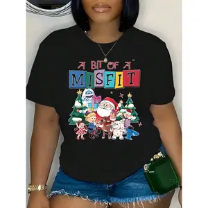 Women's Christmas MISFIT Graphic T-Shirt - Santa & Reindeer Print Short Sleeve Crewneck Top,Machine Washable Casual Summer Spring Tee, Christmas Tshirt, Festive Seasonal Clothing, Comfortable Fit Shirt,Women's Plus Size T-Shirts