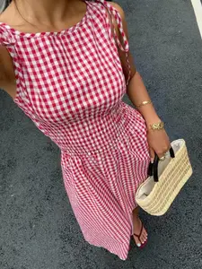 Women's Gingham Sleeveless Dress with Bow Tie Shoulder, Pleated Waist Design, Casual Commuter Style, Perfect for Vacation and Daily Wear