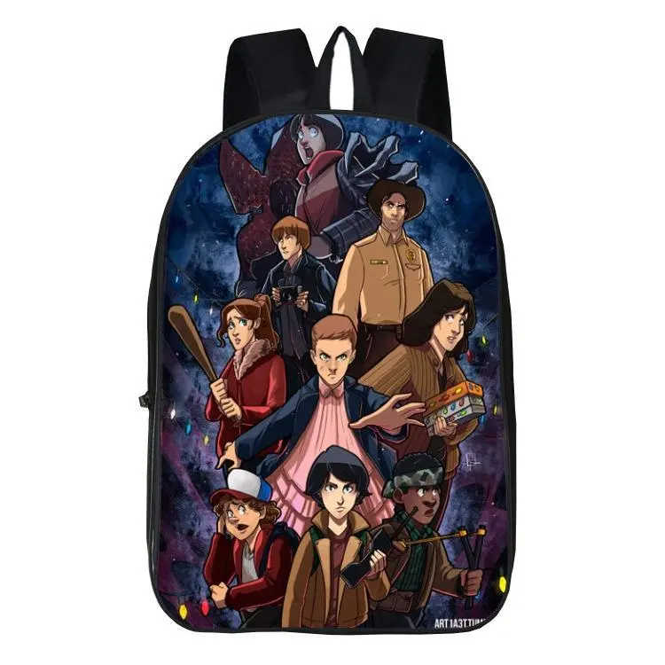 Stranger Things Full Cartoon Character Print Backpack, Teens Retro Horror Series Oxford School Backpack