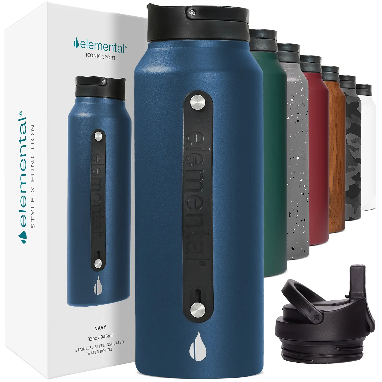 Elemental Iconic Sport 20 & 32 oz Water Bottle Stainless Steel  - Leak-Proof, Cold for 24hrs, Viral Aesthetic with Straw & Strap for Gym, Travel, Triple-Wall Insulated, BPA-Free, Eco-Friendly Design