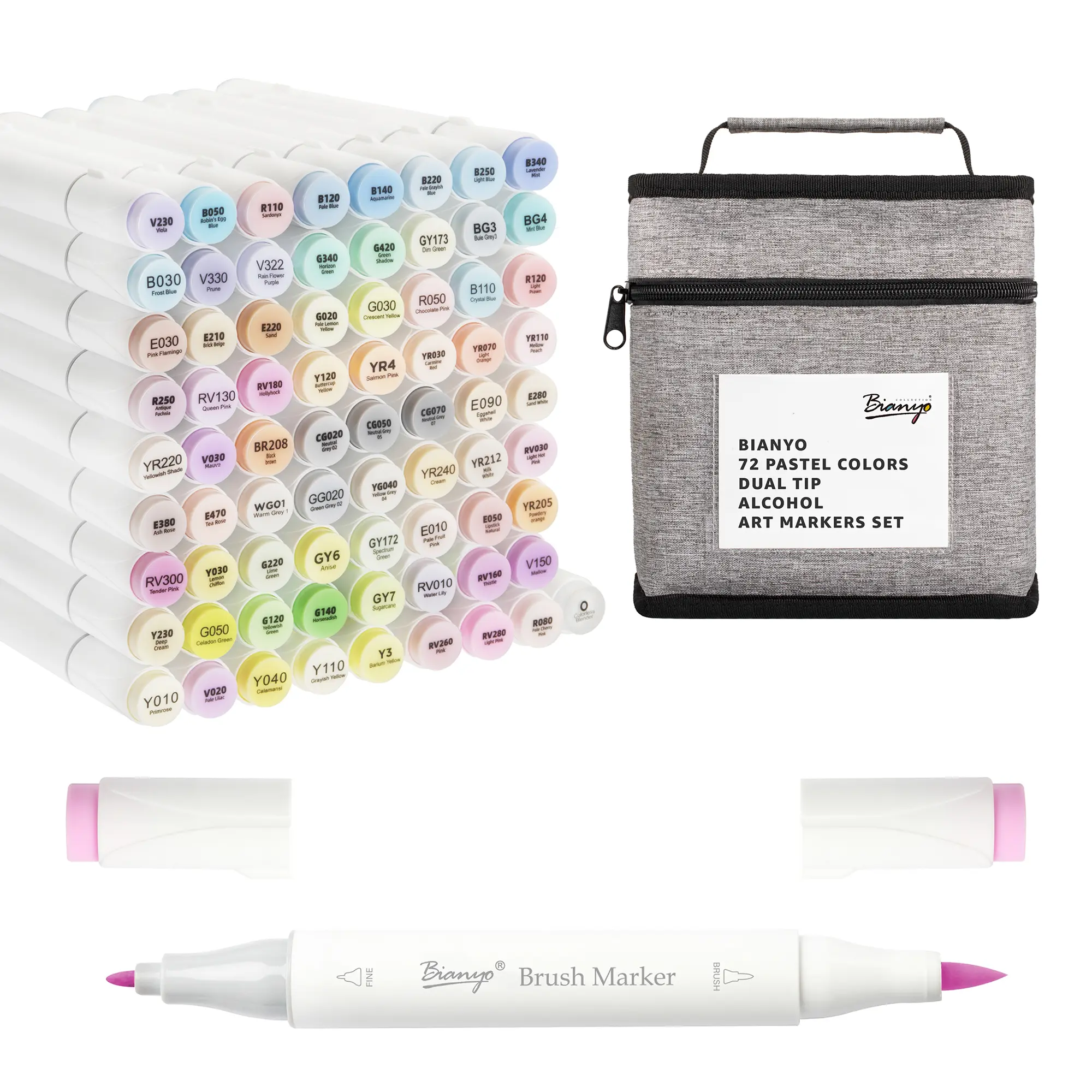 Bianyo 72-Piece Multifunctional Pastel Dual-Tip Alcohol Art Markers Set - Brush & Fine Points, Non-Smudging Pigmented Art Materials, Safe for Mediums, with Storage Bag, Office Stationery for Adults’ Drawing Sketching