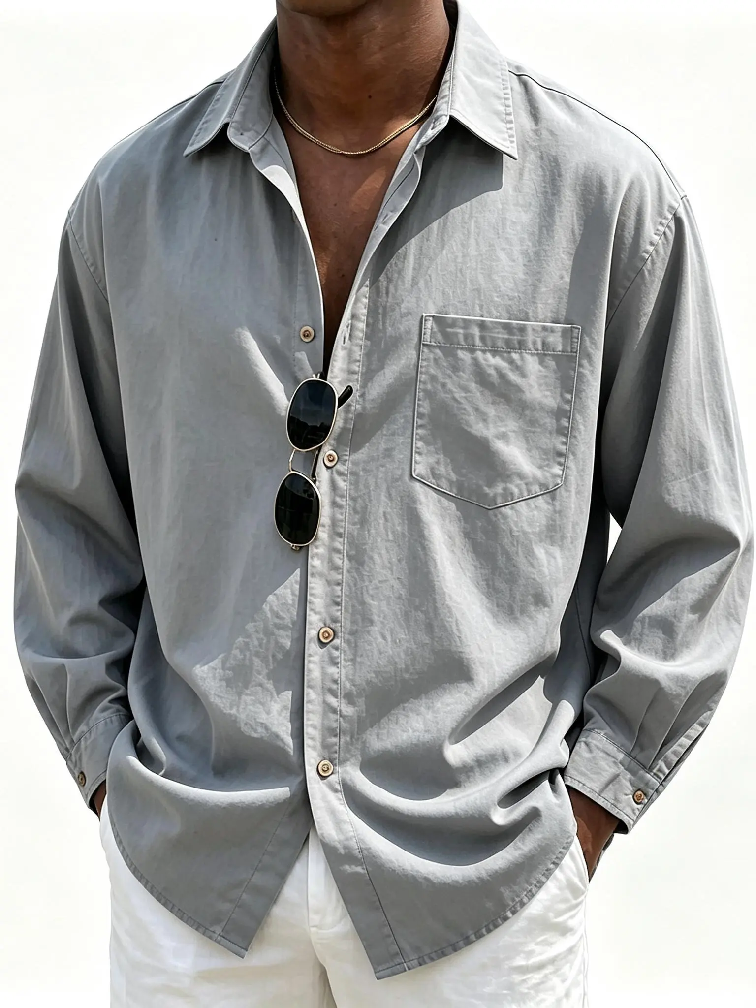 Men’s 100% Cotton Long-Sleeve Button-Down Shirts - Oversized Loose Fit Menswear Tops, Plain Stylish Soft Washed Collar Shirts with Chest Pocket for Casual Work, Street Wear