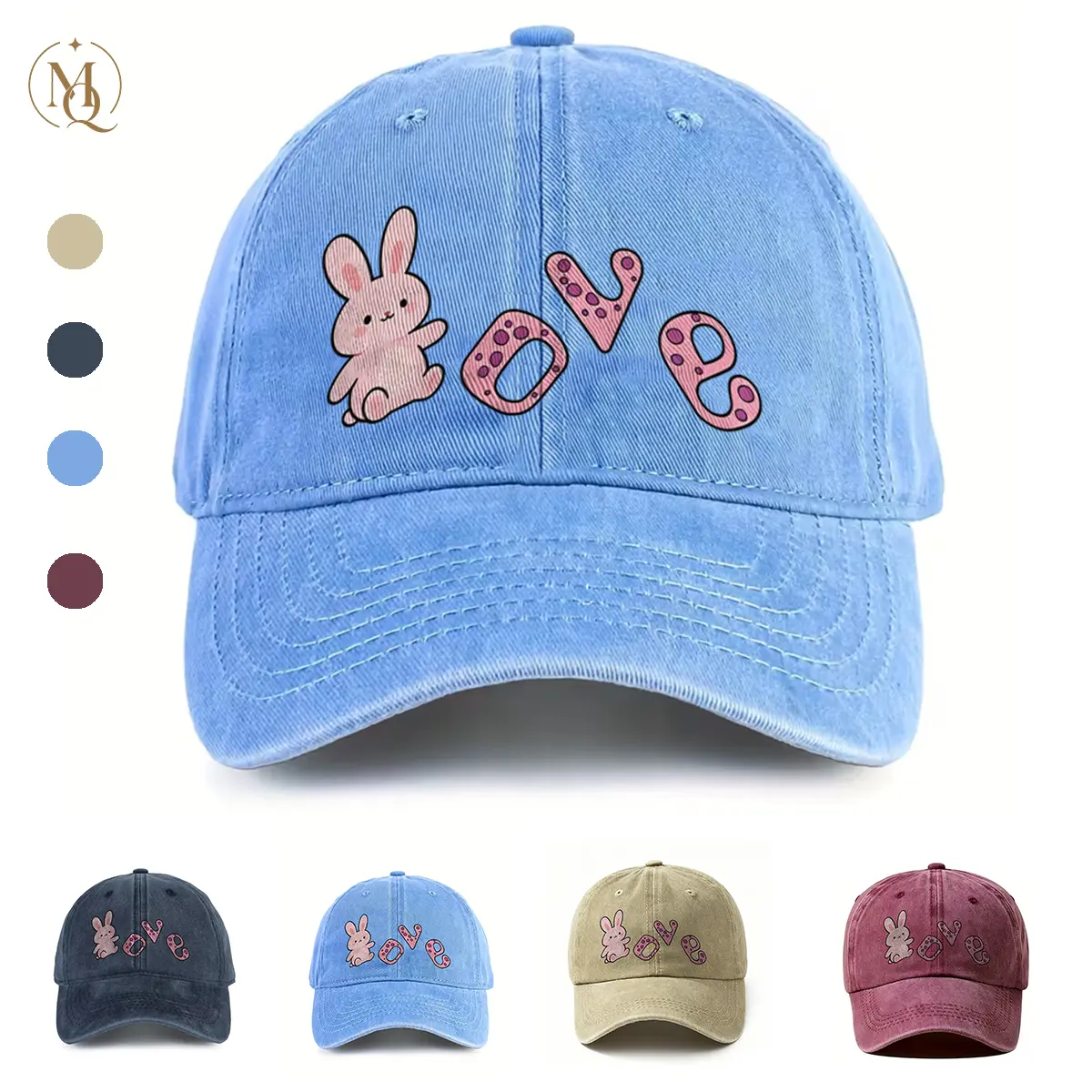 Cute Bunny Love Graphic Dad Hat, Adjustable Washed Cotton Baseball Cap for Women & Men, Casual Kawaii Outdoor Sun Hat